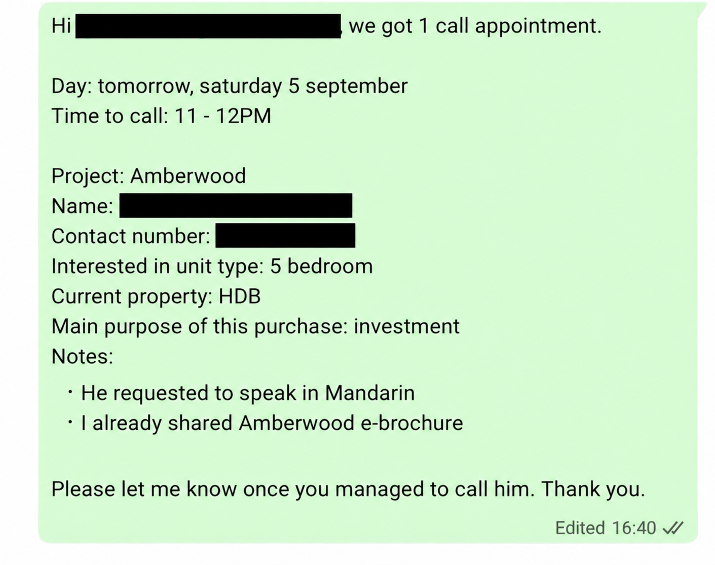 Redacted Amberwood appointment handoff showing the call time and property enquiry details