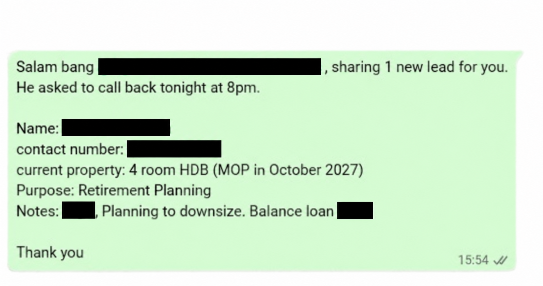 Redacted HDB MOP & downsizing appointment handoff showing the call time and property enquiry details