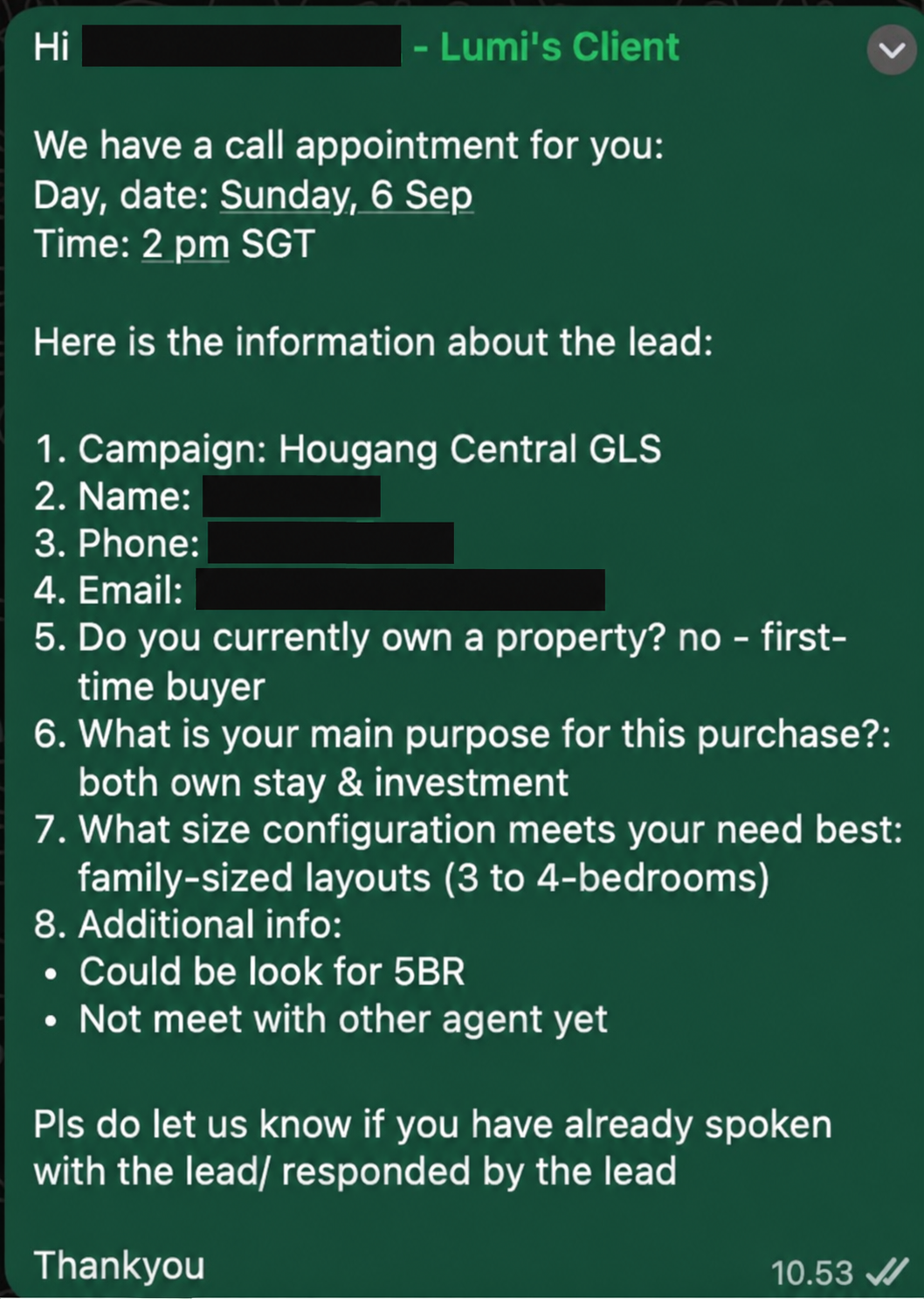 Redacted Hougang Central GLS appointment handoff showing the call time and property enquiry details