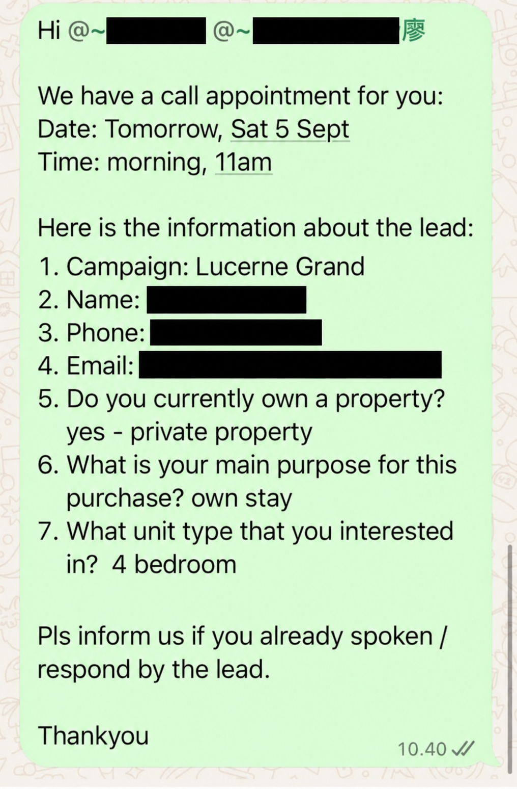 Redacted Lucerne Grand appointment handoff showing the call time and property enquiry details
