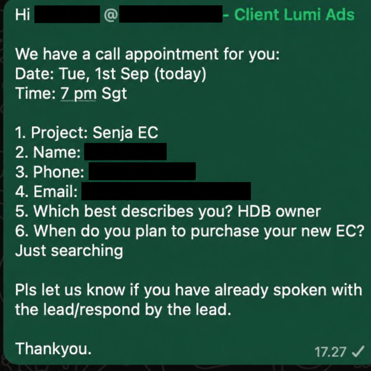 Redacted Senja EC appointment handoff showing the call time and property enquiry details