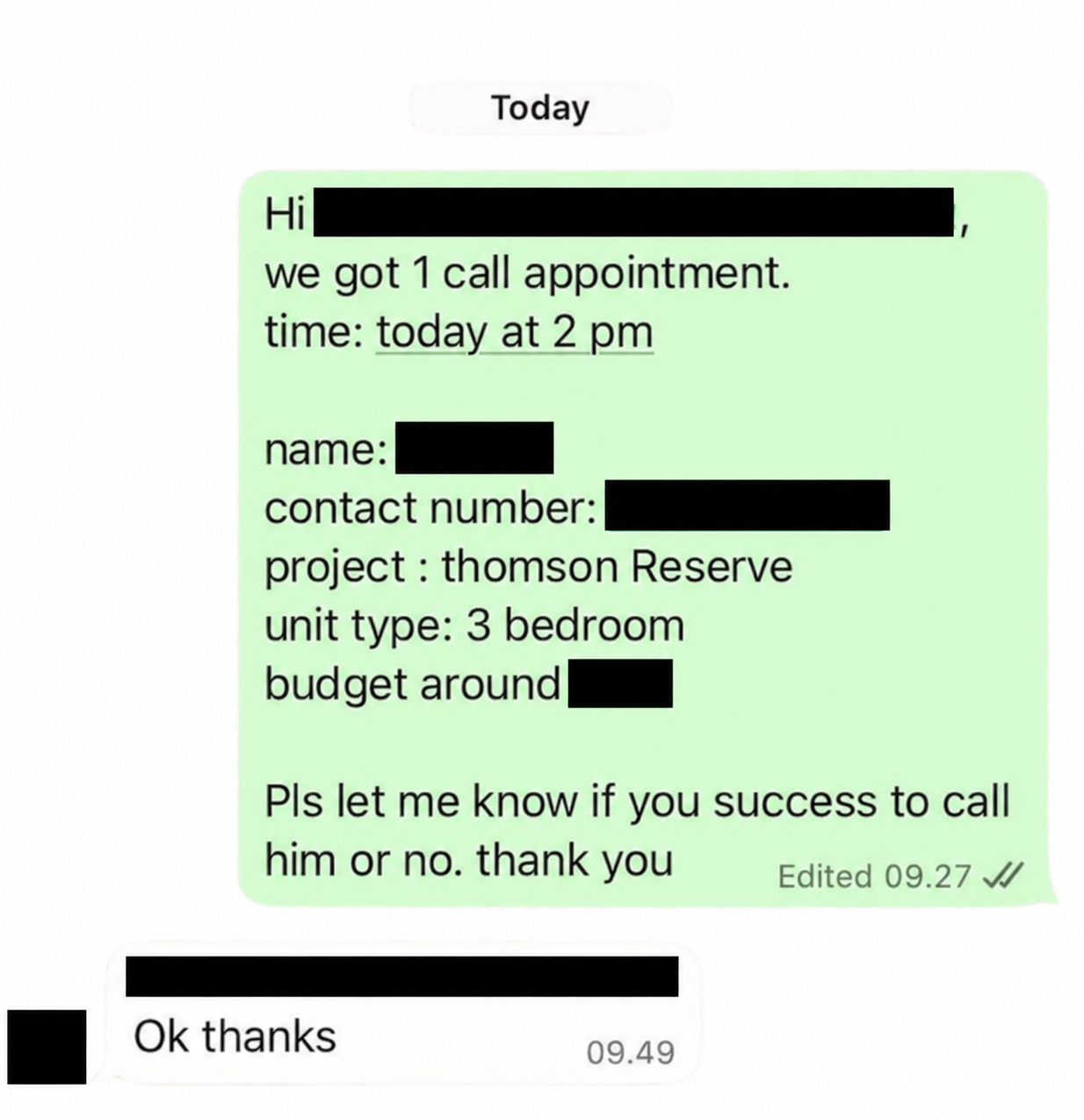 Redacted Thomson Reserve appointment handoff showing the call time and property enquiry details